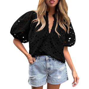 BETTE BOUTIK Women's Long Short Sleeve Tops 2025 Dressy Casual Button Hollow Out Lace Embroidered Blouses Shirts (Large, Black)