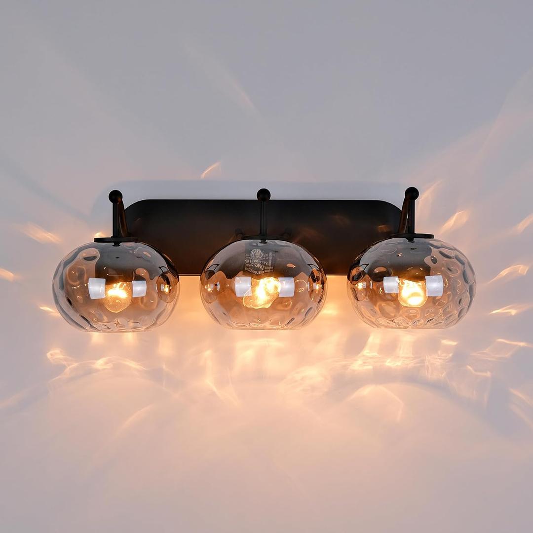 23" Matte Black Vanity Light Smoked Hammered Glass Wall Sconce 3-Light Grey Lampshade Wall Lamp for Hallway Living Room Stairwell Bathroom Over Mirror