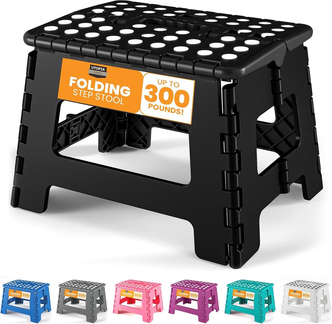 Utopia Home Folding Step Stool with Handle  9 Inch Anti Slip Collapsible Stool  Holds Up to 300 lbs  Sturdy Plastic Step Stool Foldable for Kitchen, Bathroom and Home Use (1-Pack, Black)