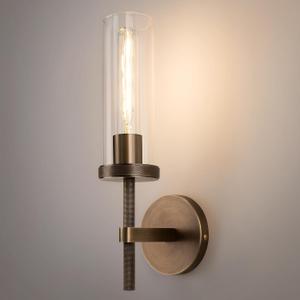 15" Knurled Brass Wall Sconce with Clear Glass Tube, Bronze Bathroom Vanity Light Fixtures, Modern Lamp Lighting for Bedroom, Living Room, Hallway, Staircase, Mirror, Kitchen