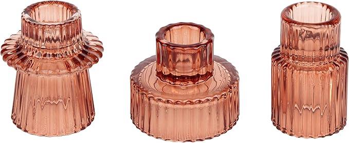 Glasseam Glass Tapered Candlestick Holders: 9 Pcs Ribbed Pink Candle Sticks Holder Decor Modern Fluted Taper Candle Holders Set for Table Centerpiece Pink Wedding Decor Valentine Dinner Parties