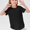 Haloumoning Girls Summer T Shirts Loose Curved Hem Short Sleeve Shirt Athletic Casual Tops Tees 4-14 Years, 140 (Black)