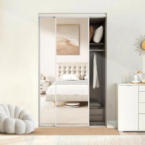 BARNSMITH 48 x 80 Inches Mirrored Closet Door, One Side Mirror with Top & Bottom Track Kits, 2-Panels Steel Frame Sliding Mirror Closet Door, Easy to Install