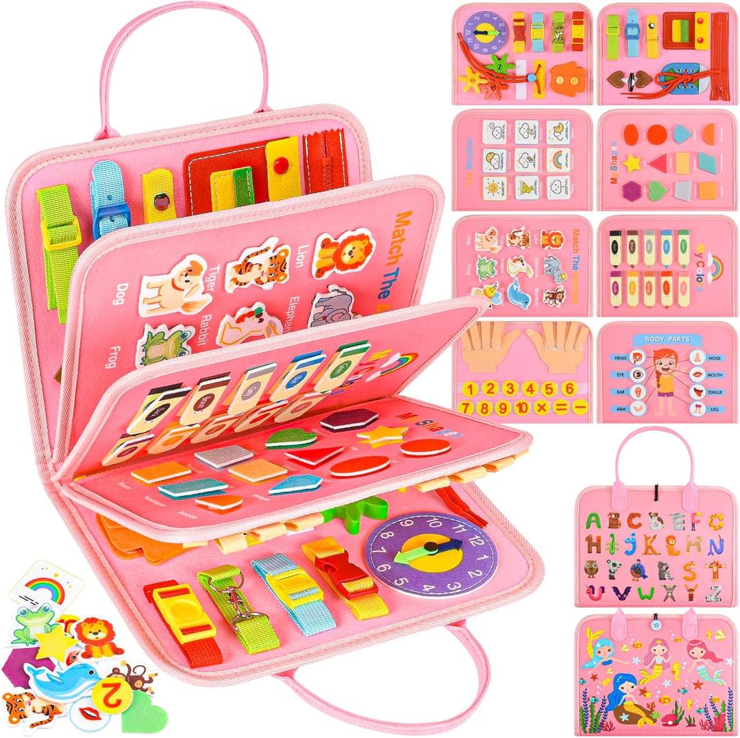 Busy Board Montessori Toys for 4 Years Old, Busy Books for Toddlers, Sensory Board Quiet Book Educational Activity Book for Toddlers 4-5, Toddler Travel Toys for Plane Car, Gifts for Boys Girls (Pink)