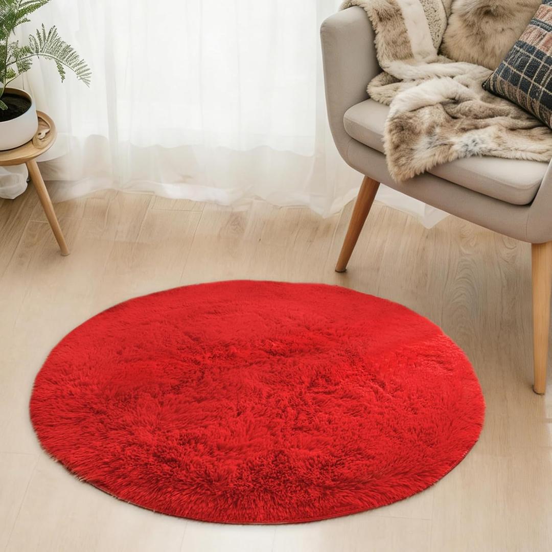 Soft Fluffy Round Area Rug, Cozy Plush Shaggy Circle Carpet for Living Room Bedroom Home Dcor Red 2.0 Feet