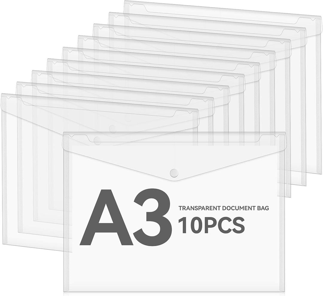 10 Pieces 11x17 inch Plastic Envelopes Poly Envelopes Clear Snap Closure File Folder with Snap Closure A3 Letter Size Closure Plastic Folders for School Home Work Office Organization