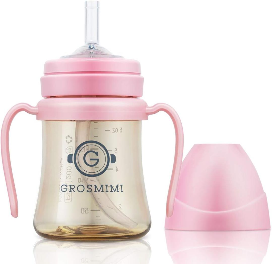 GROSMIMI Spill Proof no Spill Magic Sippy Cup with Straw with Handle for Baby and Toddlers, Customizable, PPSU, BPA Free 6 oz (Pink)