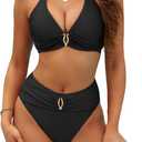 BMJL Womens High Waisted Bikini Sets V Neck Halter Swimsuits Metal Design Two Piece Bathing Suits (Large, Black)