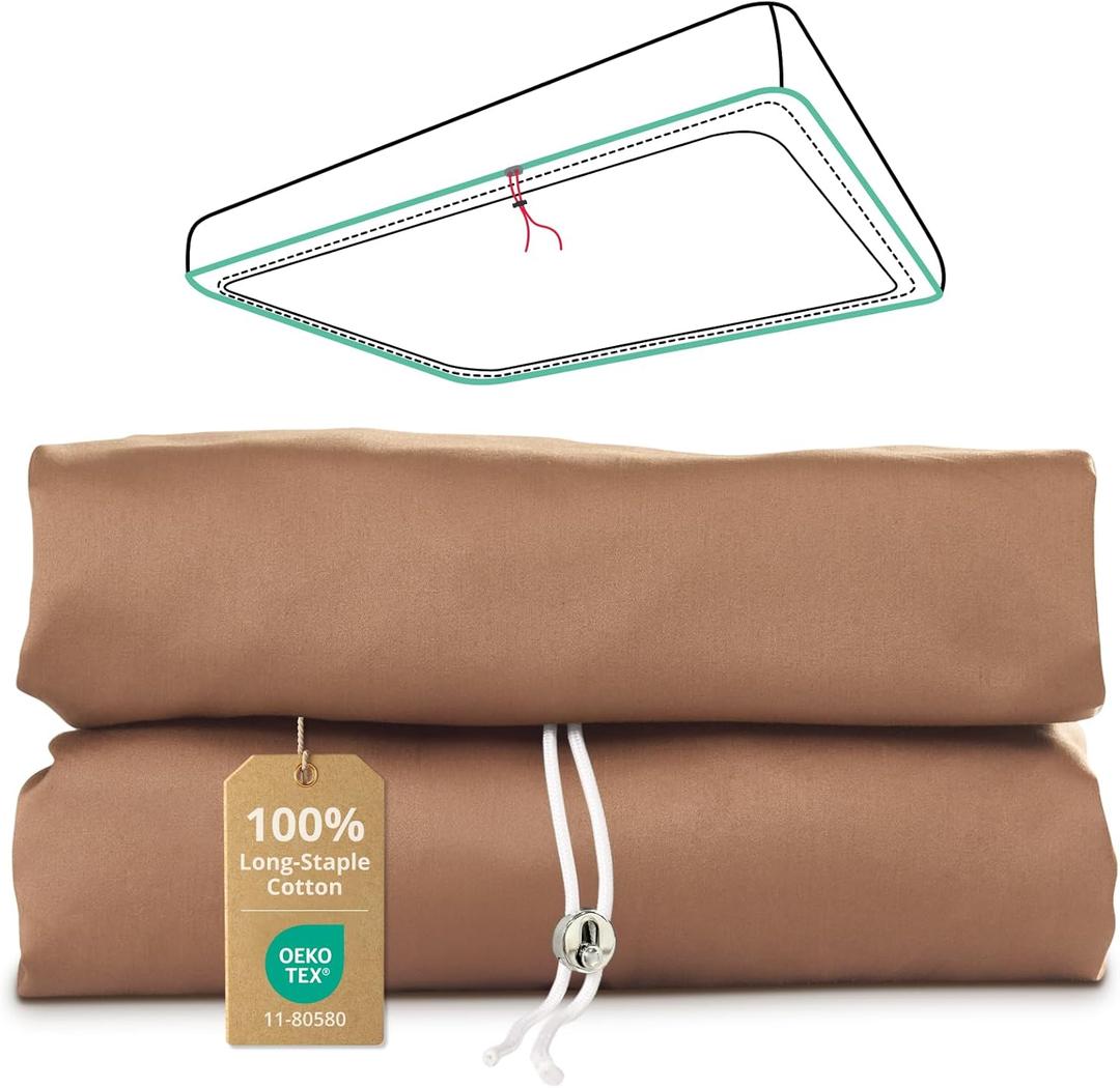 Queen Fitted Sheet Only with Drawstring and 360 Elastic for Tight Fit, 100% Long-Staple Cotton Dual-Lock Fitted Queen Sheet, Luxury Soft and Comfort, 1000 TC, Deep Pocket Fits 8" to 16" Mattress (Coffee)