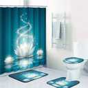 Britimes 4 Piece Shower Curtain Sets, with 12 Hooks, Magic Lotus Flower Turquoise Zen with Non-Slip Rugs, Toilet Lid Cover and Bath Mat, for Bathroom Decor Set, 72" x 72"