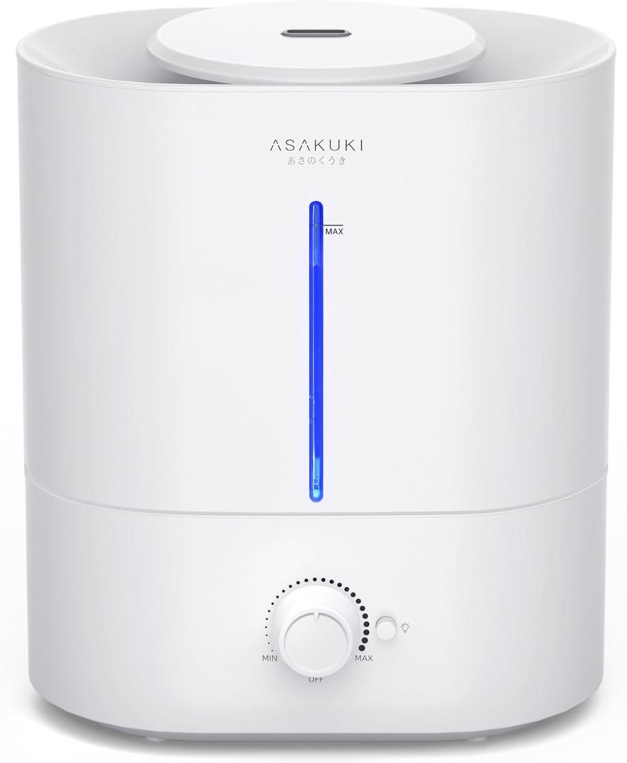 ASAKUKI Humidifiers for Bedroom Large Room, 4L Top Fill Cool Mist Humidifiers for Home, Baby Nursery & Plants, Quiet Room Humidifier with Diffuser, Night Light, Auto Shut Off, Easy Clean, 40H Runtime (White - Knob with blue light)