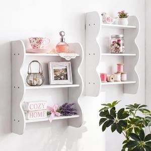Cinnvoice 2 Pcs Solid Wood Wall Shelf 3-Tier, White, 17.3 x 18.9 inches