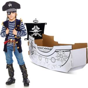 Eaasty Coloring Pirate Ship Cardboard Boat Playhouse for Kids Crafts DIY Large Kids Outdoor Playhouse Toy for Toddlers to Color Pirate Halloween Party Decorations