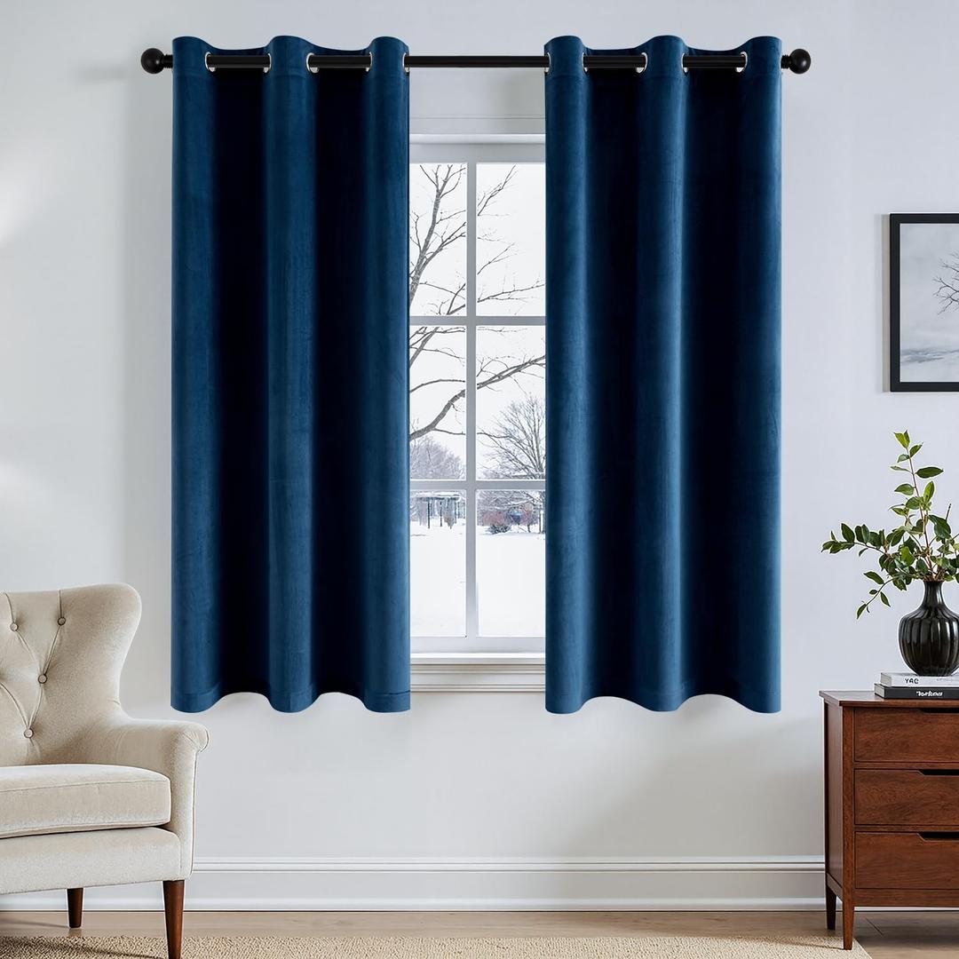 ANRODUO Navy Blue Velvet Curtains 63 Inches Long Blackout Thermal Insulated Soundproof Curtain Privacy Room Darkening Curtains Grommet Window Drapes for Bedroom Living Room 42 x 63 Inch Set of 2