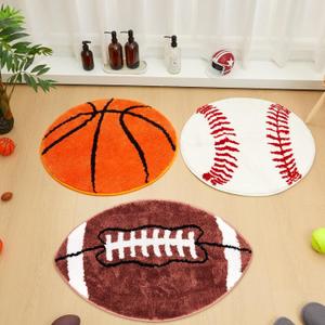 3 Pack Football Baseball Basketball Rug 26-32" Plush Round Sports Non Slip Washable Mat Decorative Area Rug Carpet for Bedroom Bathroom Floor Chair Rooms Decor