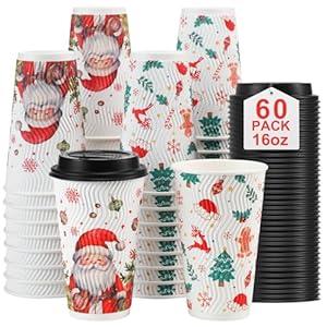 Lamosi 50 Pack 16 OZ Christmas Coffee Cups with Lids, Disposable Paper Cups, Christmas To Go Coffee Cups, Paper Insulated Cups with Lids, Hot/ Cold Beverages Xmas Winter for Home Office Holiday Party