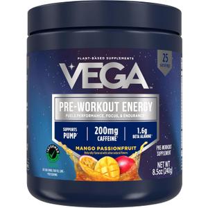 Vega Pre-Workout - 200 mg Caffeine, Energy & Focus, Mango Passionfruit, 25 Servings, 1.6g Beta Alanine, 6g Citrulline Malate, Energy & Focus Drink Mix, Vegan, Gluten & Dairy Free, No Sugar Added, 8.4 oz, Best Before: 2027/AL/29
