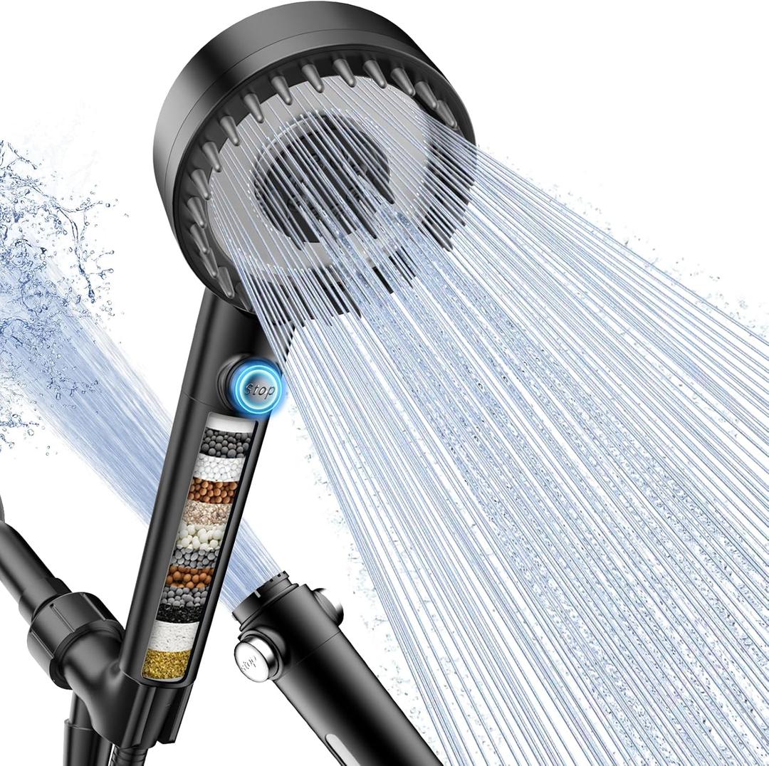 Filtered Shower Head with Handheld, High Pressure 4 Spray Mode Showerhead with Filters, Water Softener Beads for Hard Water with ON/OFF Switch for Pets - Remove Chlorine (5 Inch Panel, Matte Black)