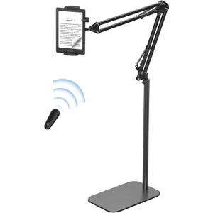 VOLTIFYMAX Floor Stand Kindle Holder with Remote Page Turner for Reading in Bed, Tablet Mount with Clicker, Kindle Accessories Tablet Stand Holder for Kindles Tablets iPhones 4.7-12.9 inch(Black)