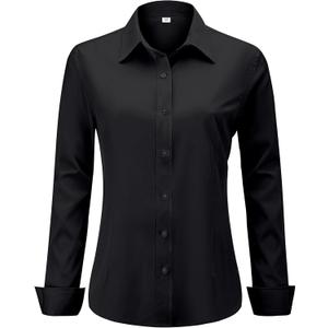 Soft Wrinkle-Free Women's Button Down Dress Shirts Solid Long Sleeve Work Blouses Fit Stretch Casual Tops (Large, Black)