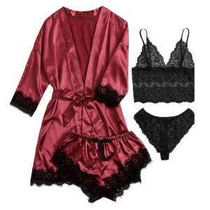 Women's 4pcs Sleepwear Satin Floral Lace Trim Cami Pajama Set with Robe