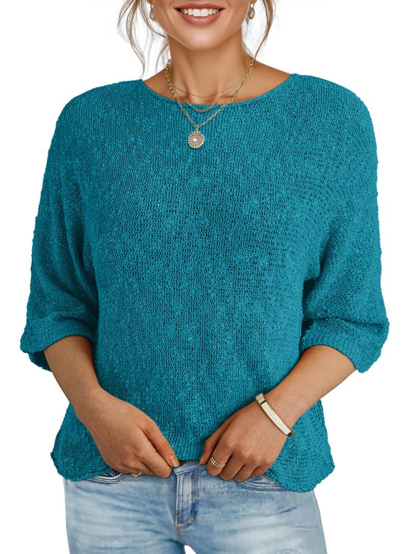 Dokotoo Womens Crewneck 3/4 Sleeve Knit Pullover Sweaters | 2026 Fall Winter, Casual, Fashion, Lightweight, Trendy Boho Tops, Striped, Solid Color, Color Block XL