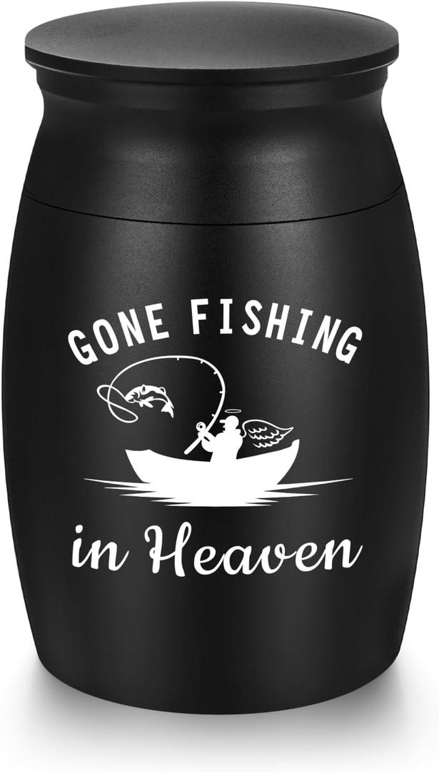 Abooxiu Small Urns for Human Ashes Keepsake 2.76 Inches Mini Urns for Ashes Memorial Small Cremation Keepsake Urn Mini Funeral Burial Decorative Urn for Adult Males Females - Gone Fishing in Heaven