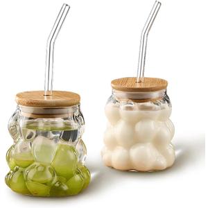 2 Pcs Grape Shape Glass Cups with Bamboo lids and Straws, 12 oz Drinking Glasses Set, Coffee Cups for Water, Tea, Juice, Milk, Beverage, Beer, Cocktails and More