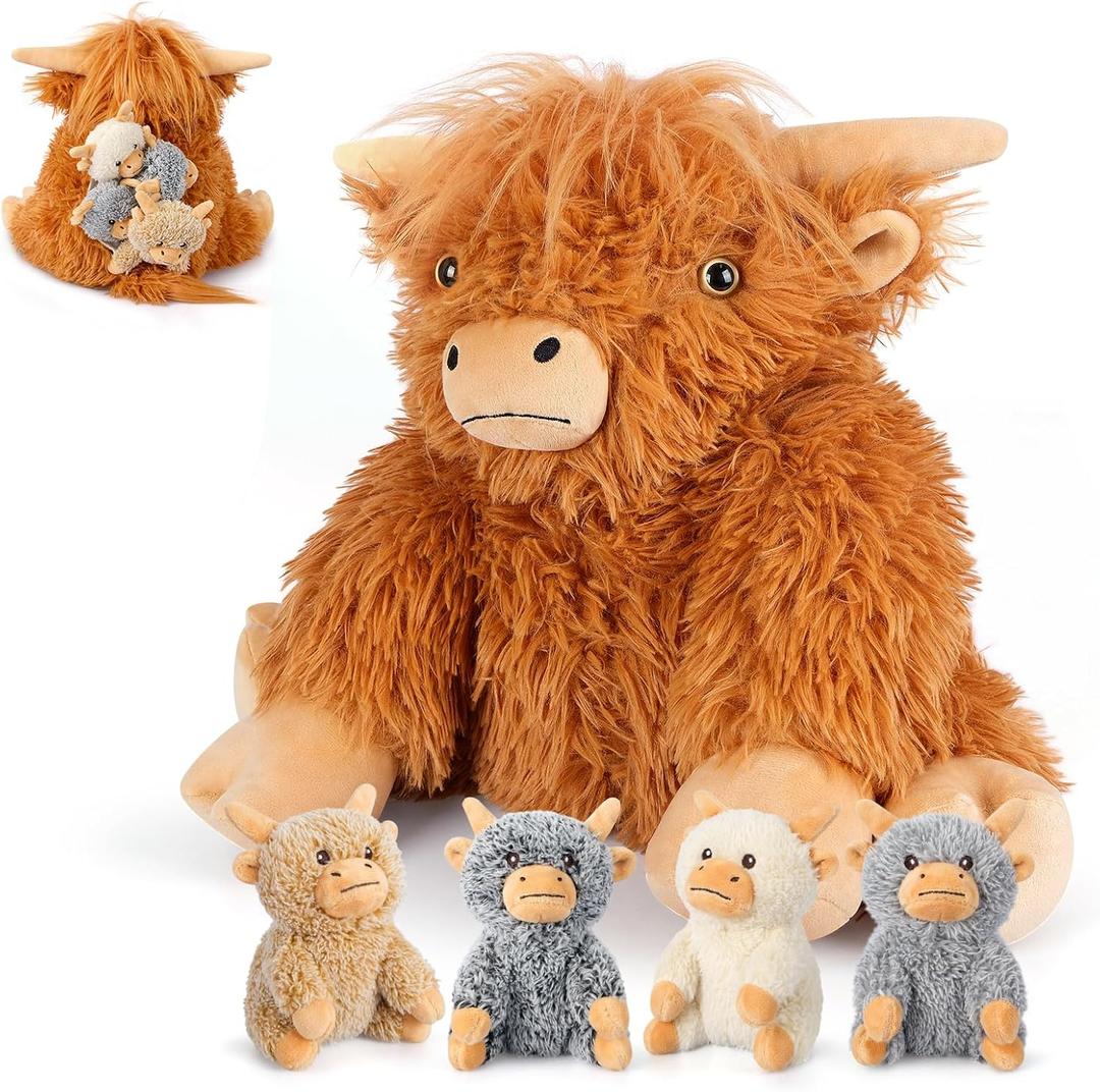 SuzziPals 5-in-1 Highland Cow Stuffed Animals with Babies Inside, 5PC Set Highland Cow Plush Mommy & 4 Babies, Soft Plushies Decor, Cute 3 to 8 Year Old Girl Gifts, Imaginative Play Toy (Cows), 7 inches x 7 inches x 17 inches