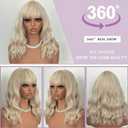 Blonde Wig with Bangs Short Blonde Bob Wigs for Women 14 Inch Platinum Blonde Curly Wig Wavy Synthetic Wigs Shoulder Length Natural Cosplay Wigs for Girl Daily Halloween Party Costume Wig