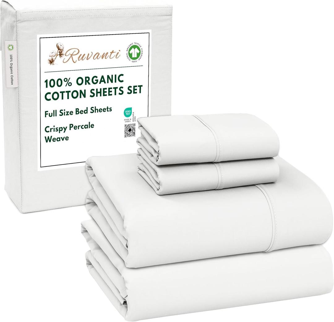 RUVANTI 100% Organic Cotton Sheets Full Size, Percale Weave, GOTS Certified, 4-Piece Set, Deep Pocket 15", Crisp & Breathable, Soft Durable Bedding, Organic Cotton Sheets Bit of Blue