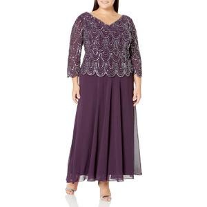 J Kara Women's Sweetheart Neck Floral Pattern 3/4 Sleeve Mock 2 Piece Long Dress (Plum Multi)