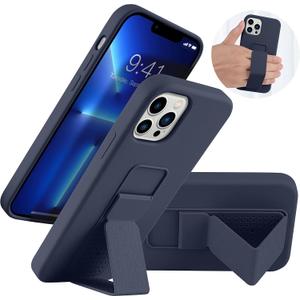 LAUDTEC Silicone Kickstand Case Compatible with iPhone 13 Pro, Vertical and Horizontal Stand Hand Strap Metal Kickstand Cover, Flexible Soft Liquid Silicone Stand Case for iPhone 13 Pro (Blue)