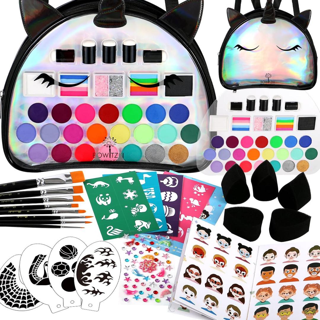 Bowitzki 24 Colors Face Paint Kit for Kids with Exclusive Unicorn Backpack - Professional Makeup Palette, Safe & Non-Toxic - Ideal Birthday Gift for Girls, Halloween Party, Cosplay (Black)