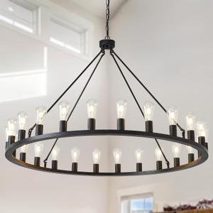 HHR 48" Gold Wagon Wheel Chandelier 24-Light Modern Farmhouse Chandelier, Black