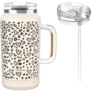 Hydraful 64 oz Tumbler with Handle and Straw - 100% Leak-Proof - Insulated Cup Reusable Stainless Steel Large Water Bottle Travel Mug for Gym, Hiking, and Camping - Gifts for Women Men Him Her (Leopard heart print)