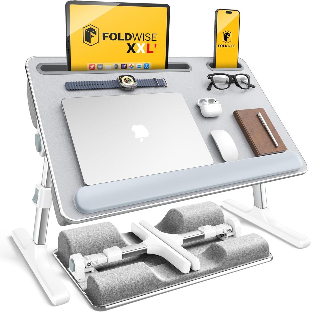 FoldWise 2-in-1 Lap & Bed Desk with Soft Cushions - Adjustable Height & Angle, Foldable Laptop Stand for Bed & Couch - Wrist Rest, iPad Holder, Stopper & Non-Slip Leather - Bed Table for Adults & Kids (White(grey))