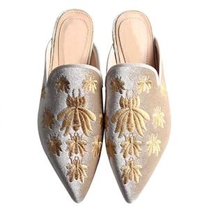 Fericzot Women's Velvet Backless Pointed Toe Slip On Loafers Flats Embroidery Mule Slippers Shoes Apricot, Size 7