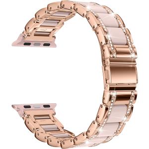 Moolia Metal Band Compatible with Apple Watch Band 42/44/45/46/49mm Women Rhinestones Resin Wristband Bling Diamond Bracelet for iWatch Series 11 10 9 8 7 6 5 4 3 2 1 SE/Ultra1/2/3, Rose Gold/Pink