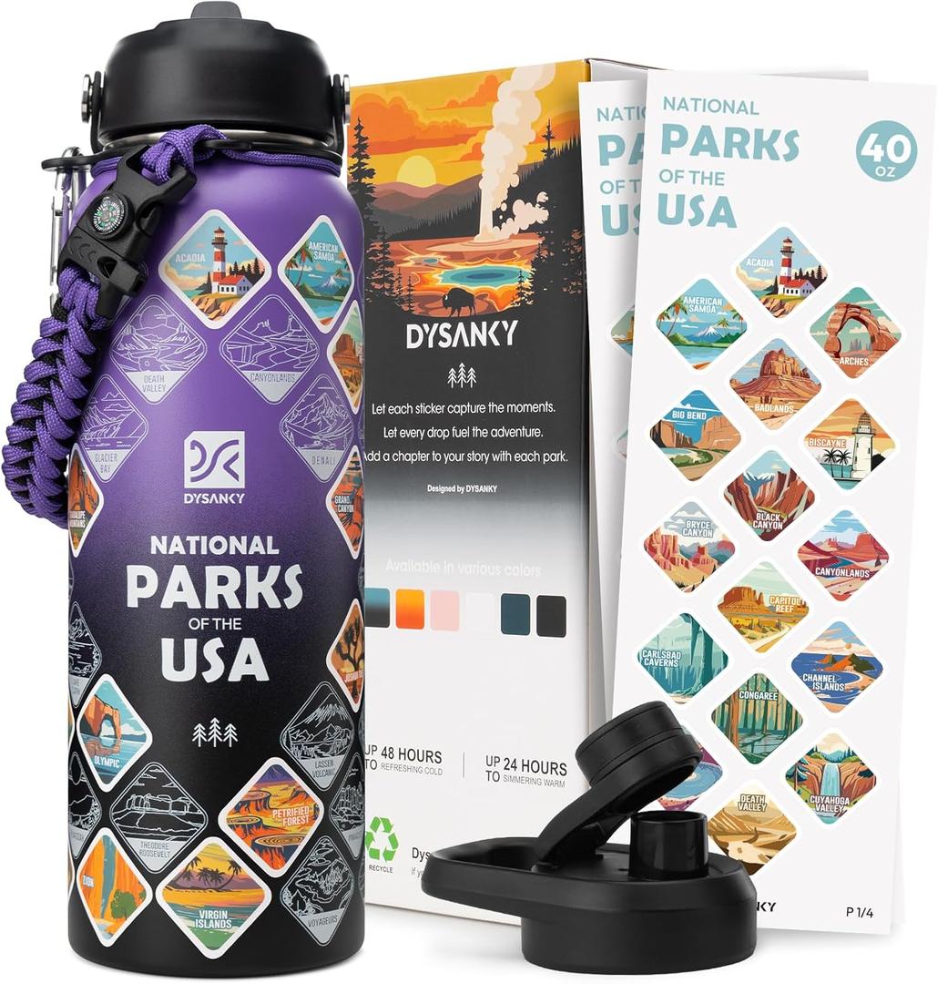 DYSANKY National Parks Water Bottle  40 oz Insulated Stainless Steel Water Jug with 71 Park Stickers, Outdoor Accessories & Gift Box  BPA-Free  Ideal for Hiking, Camping & Travel (Purple/Black)
