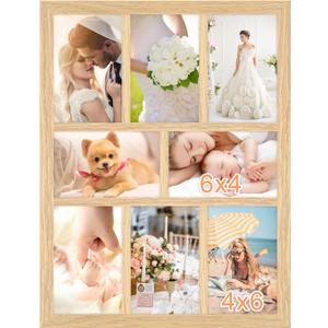 4x6 Oak Wood Picture Frames Collage Wall Decor Natural Woodgrain, Solid Oak Wooden Family Photo Collage Frame 8 Openings, Glass Front, Wall Hanging Display 8 4x6 Pictures, 11.5x15.5-8 openings