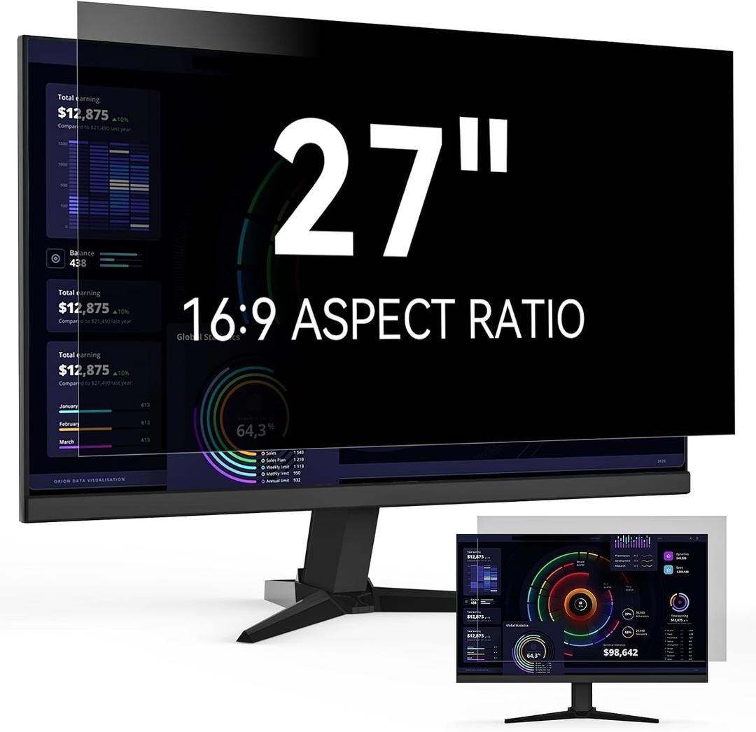 27 Inch Privacy Screen for Computer Monitor 16:9 Aspect Ratio, Eye Protection Anti Blue Light Glare Shield, 27in Removable Black Blackout Anti Spy Protector Film Desktop Security Private Filter