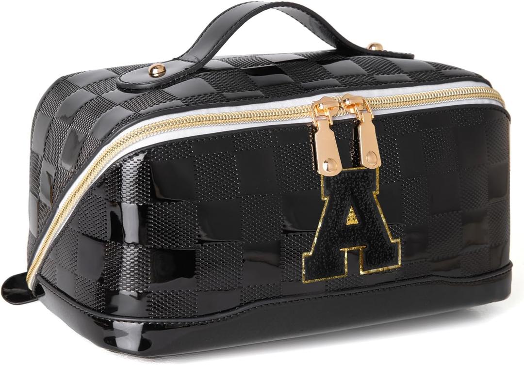Initial Makeup Bag Large Capacity Travel Cosmetic Bag for Women PU Leather Open Flat Toiletry Bag with Handle and Divider Personalized Gifts for Women (Black A)