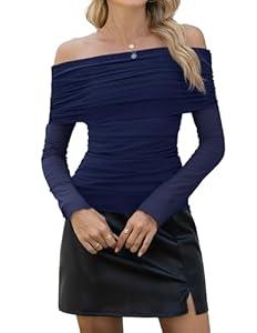 Gleeneat Women's Off The Shoulder Tops Sexy Long Sleeve Shirts Fall Trendy Going Out Ruched Y2K Clothes Navy Blue, Small
