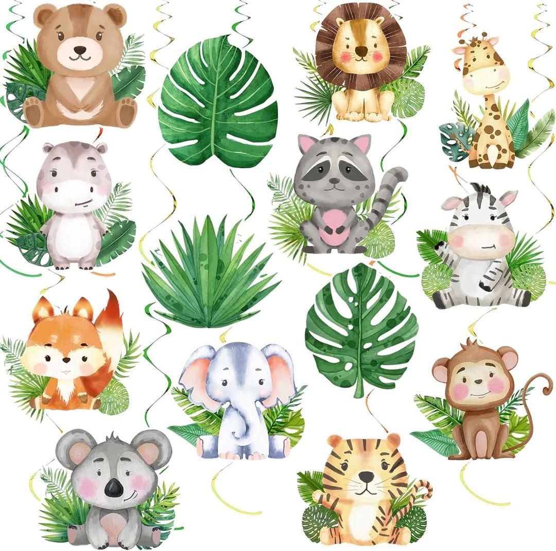 35Pcs Jungle Animals Hanging Swirl Wild One Party Birthday Decor Jungle Safari Animal Themed Wild One Birthday Party Swirls Streamers Supplies for Baby Shower Decorations