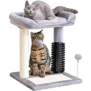 Made4Pets Small Cat Tree Tower, Cat Scratching Post 4-in-1 with Self Groomer Brush, 20" Tall Natural Sisal Cat Scratcher, Plush Perch Bed with Dangling Ball for Indoor Kittens, Grey