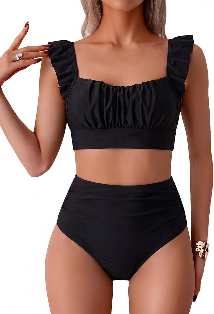 Women's Two Piece Swimsuits, High Waisted Ruffle Strap Tummy Control Bathing Suit Ruched Full Coverage Bikini Sets (Black, XL)