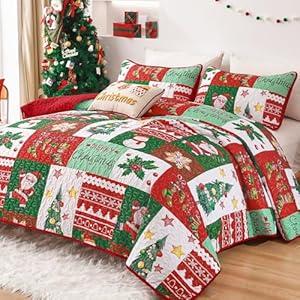 Goodidea Christmas Quilt Set King Size 3 Pieces Bedspreads Red Green Patchwork Santa Snowball Stocking Printed Bedding Set Soft Microfiber Lightweight Coverlet Sets for All Season(King, 110"X90")