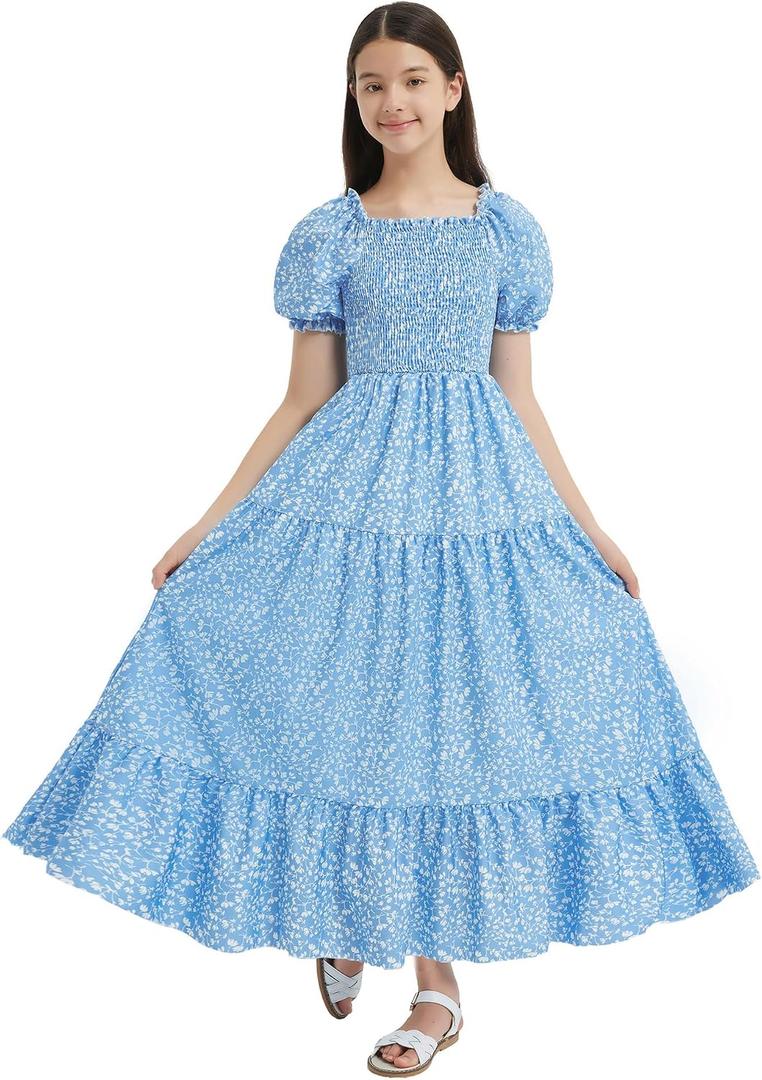 EXARUS Girls Maxi Long Smocked Dress Swiss Dot/Floral Teen Summer Dresses A-line Beach Casual Vacation Sundress 6Y