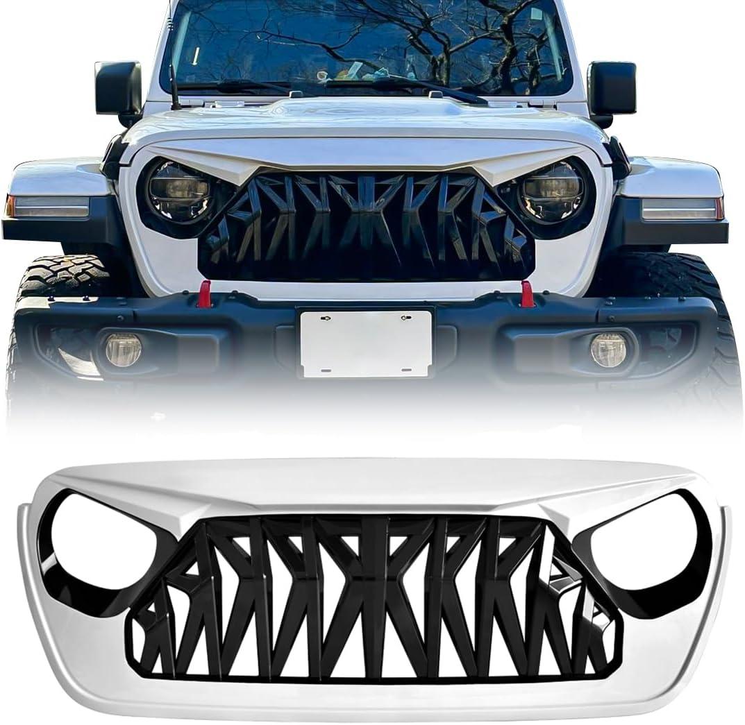Front Shark Grille Compatible with 2018-2025 Jeep Wrangler JL JLU Gladiator JT w/o TrailCam, White Black